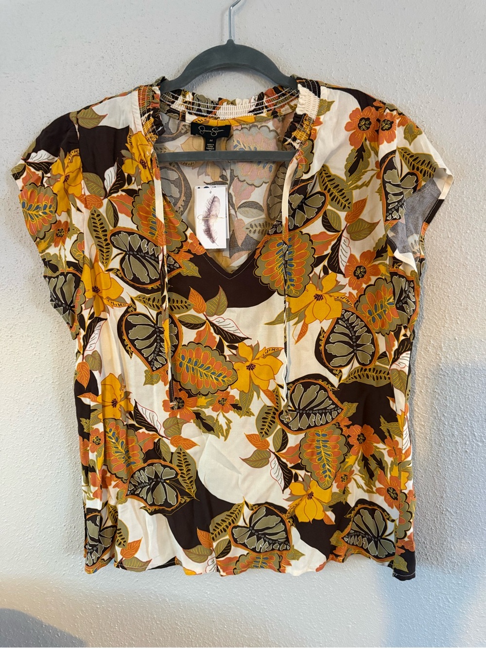 Jessica Simpson Yellow Orange Brown Floral V-Neck Blouse